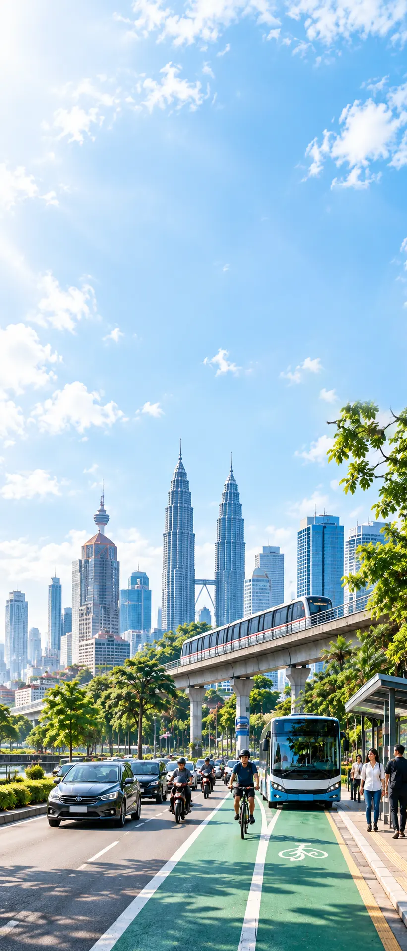 Malaysian urban mobility scene with car, bus, rail, cycling and walking