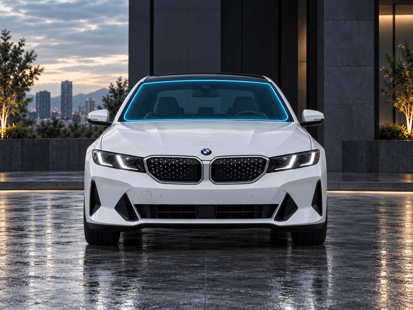 白色 BMW 轿车正面，荧光标出前挡风玻璃贴膜位置