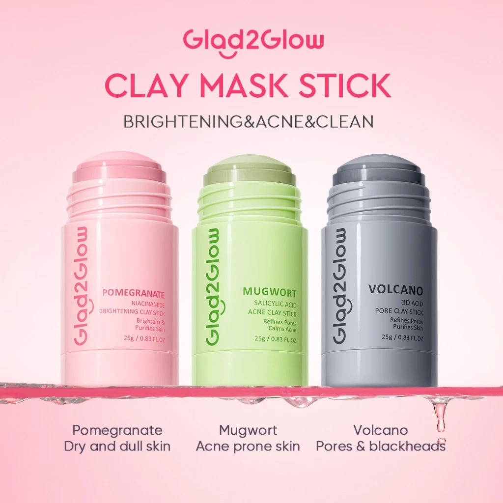 Glad2Glow 3 IN 1 Pomegranate Niacinamide Brightening Clay Mask Stick Pomegranate/Mugwort/Volcano 3pcs