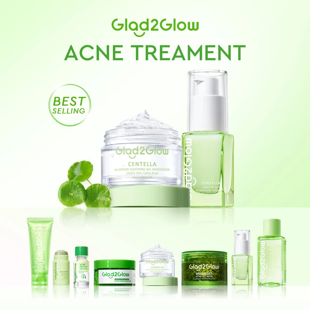 Glad2Glow Acne Treament Centella Salicylic Acid Power Clear Barrier Anti Acne Moisturizer Cream Facial Serum Cleanser