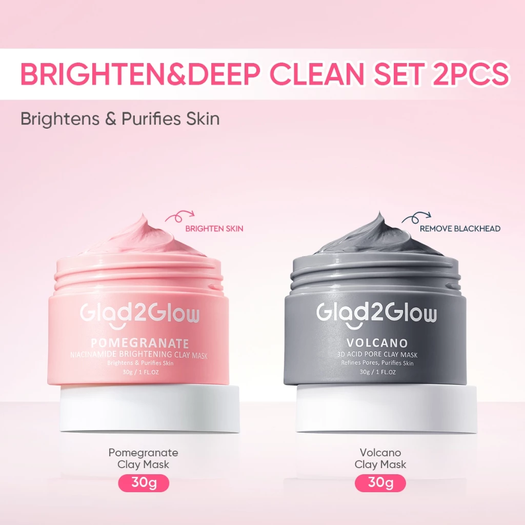 【BUY 1 FREE 1 】Glad2Glow Pomegranate Niacinamide Brightening Clay Mask+ Volcano Clay Mask Masker Wajah Face Cleansing