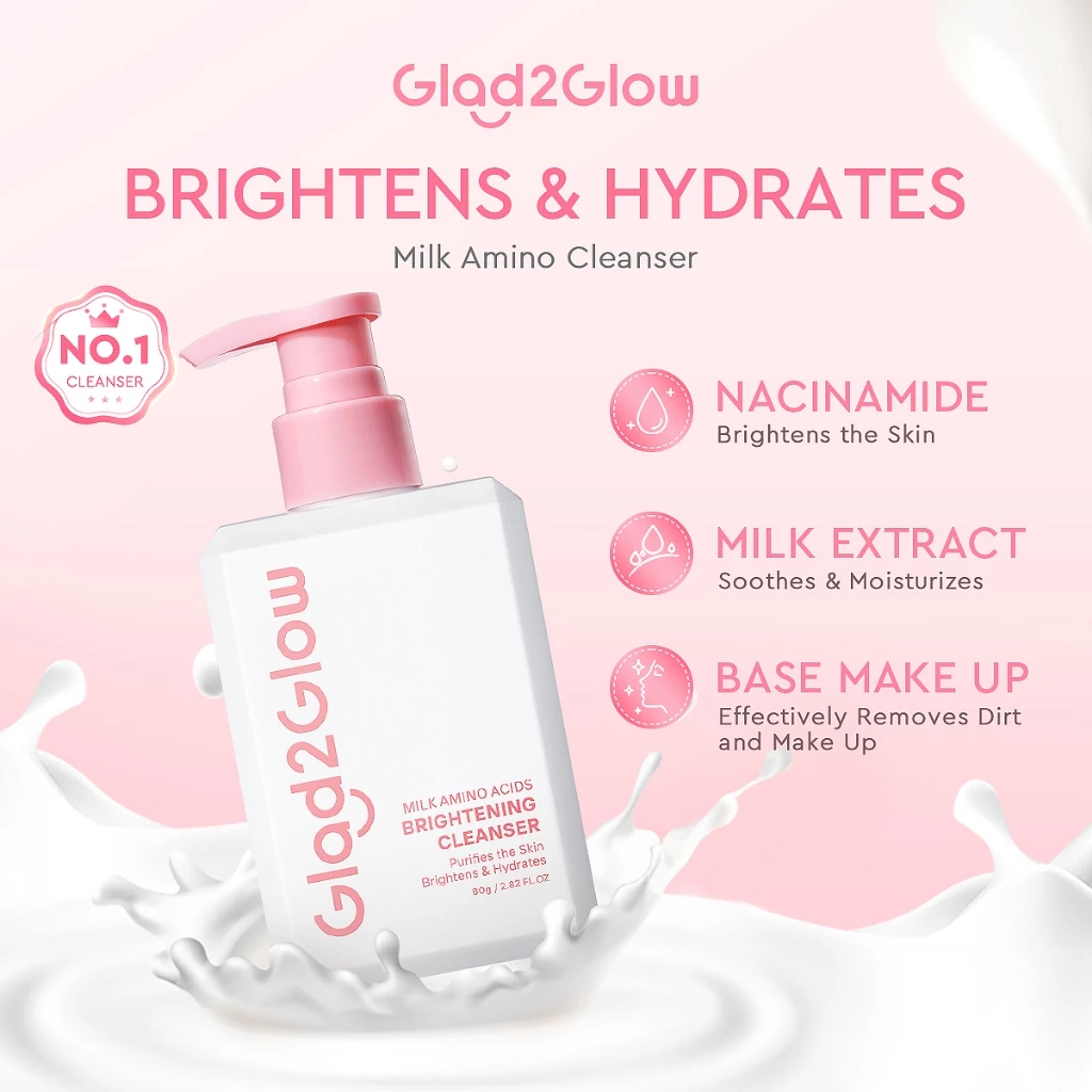 Glad2Glow Milk Amino Acid Gentle Cleanser Face Wash Brighten Hydrating pencuci muka skincare facial wash Oil Control