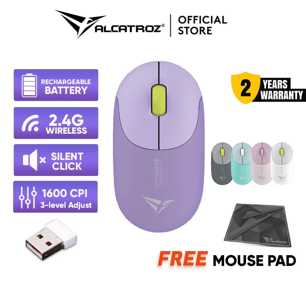 Alcatroz Airmouse L6 Rechargeable Wireless 2.4G Silent Mouse | 1600 CPI | Free MouseMat