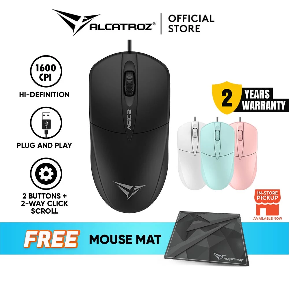Alcatroz Asic 2 Wired USB Mouse 1600 CPI | Ergonomic Design with High Resolution Optical Mouse | Free MouseMat