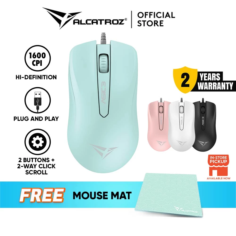 Alcatroz Asic 3 Wired USB Mouse 1600 CPI | Ergonomic Design with High Resolution Optical Mouse | Free MouseMat