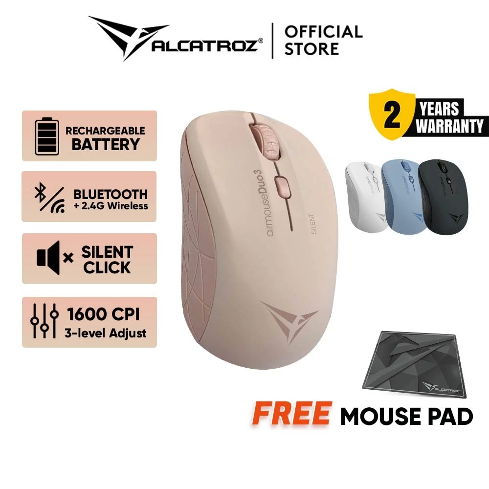 Alcatroz AirMouse Duo 3 Bluetooth + Wireless 2.4G 1600 CPI Silent Mouse | Free Mouse Pad