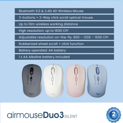 Alcatroz AirMouse Duo 3 Bluetooth + Wireless 2.4G 1600 CPI Silent Mouse | Free Mouse Pad