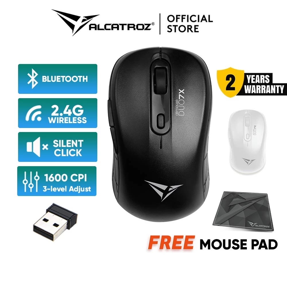 Alcatroz AirMouse Duo 7X Silent Click Wireless Mouse | 2.4G Wireless | Bluetooth 5.0 | 1600 CPI | Free Mouse Mat