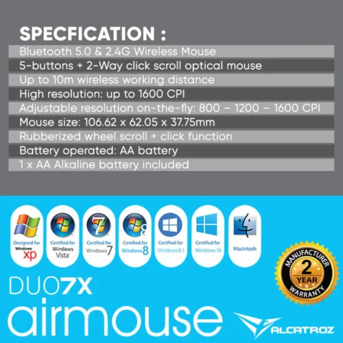 Alcatroz AirMouse Duo 7X Silent Click Wireless Mouse | 2.4G Wireless | Bluetooth 5.0 | 1600 CPI | Free Mouse Mat