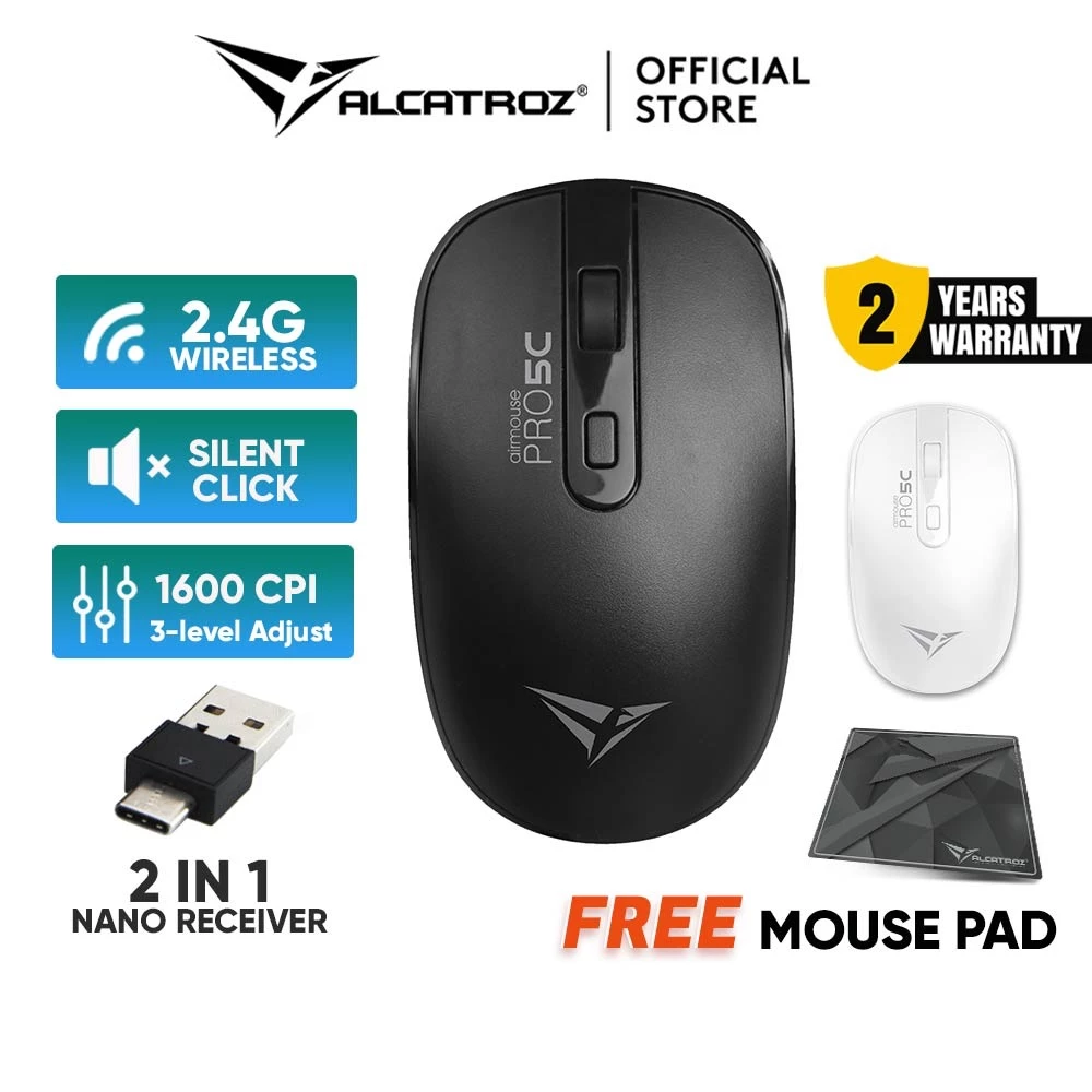 Alcatroz AirMouse Pro 5C Silent Click Wireless Mouse | 2.4G Wireless | Type C Connector | 1600 CPI | Free Mouse Mat
