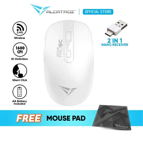 Alcatroz AirMouse Pro 5C Silent Click Wireless Mouse | 2.4G Wireless | Type C Connector | 1600 CPI | Free Mouse Mat