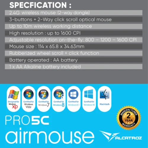 Alcatroz AirMouse Pro 5C Silent Click Wireless Mouse | 2.4G Wireless | Type C Connector | 1600 CPI | Free Mouse Mat