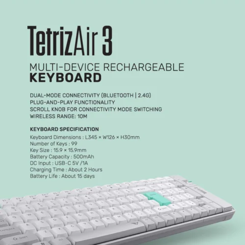 Alcatroz Tetriz Air 3 Bluetooth 5.3 Dual Mode 99 Key Wireless Keyboard [Free Mouse Mat]