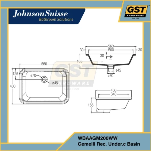 Johnson Suisse Gemelli Rectangular Undercounter Basin (560mmx400mm) Ceramic Basin Johnson Suisse Basin Toilet Basic