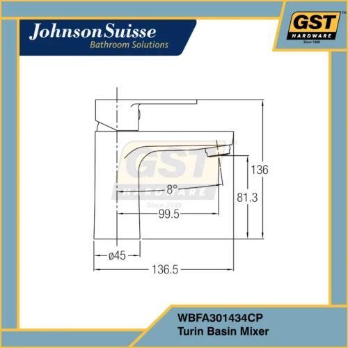 Johnson Suisse Turin Basin Mixer Without Pop-Up Waste | Basin Faucet | Mixer Tap | Water Tap Faucet | Tall Basin Tap