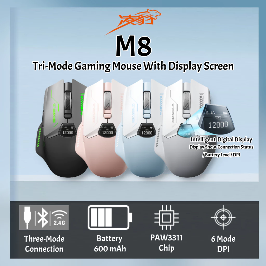 Lingbao M8 Tri-Mode Wireless Gaming Mouse With Display Screen PAw3311 Sensor Level 6 DPI for Office Gaming Mouse
