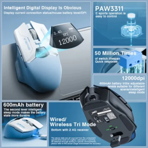 Lingbao M8 Tri-Mode Wireless Gaming Mouse With Display Screen PAw3311 Sensor Level 6 DPI for Office Gaming Mouse