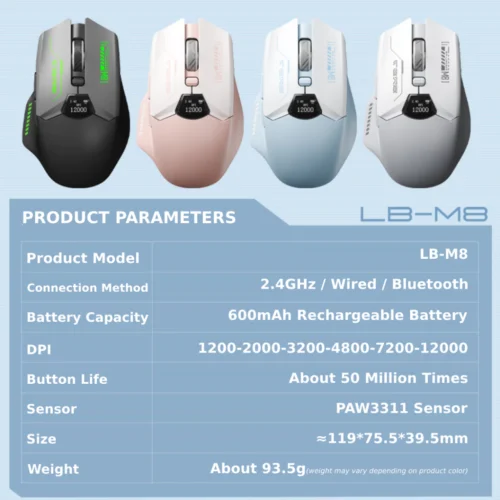 Lingbao M8 Tri-Mode Wireless Gaming Mouse With Display Screen PAw3311 Sensor Level 6 DPI for Office Gaming Mouse