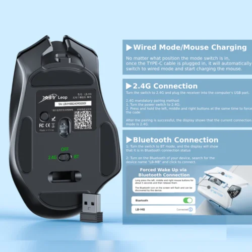 Lingbao M8 Tri-Mode Wireless Gaming Mouse With Display Screen PAw3311 Sensor Level 6 DPI for Office Gaming Mouse