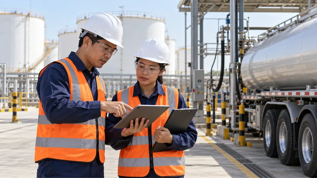 Illustration of Southeast Asian terminal professionals beside a road fuel tanker