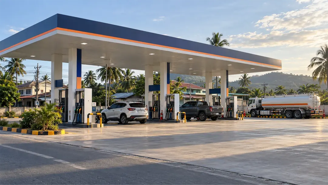 illustration of a Southeast Asian service station and terminal fuel delivery context