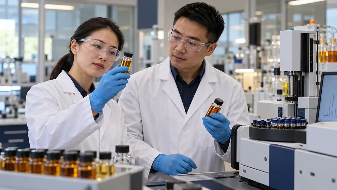 Illustration of Chinese fuel formulation scientists examining capped fuel samples in a testing laboratory
