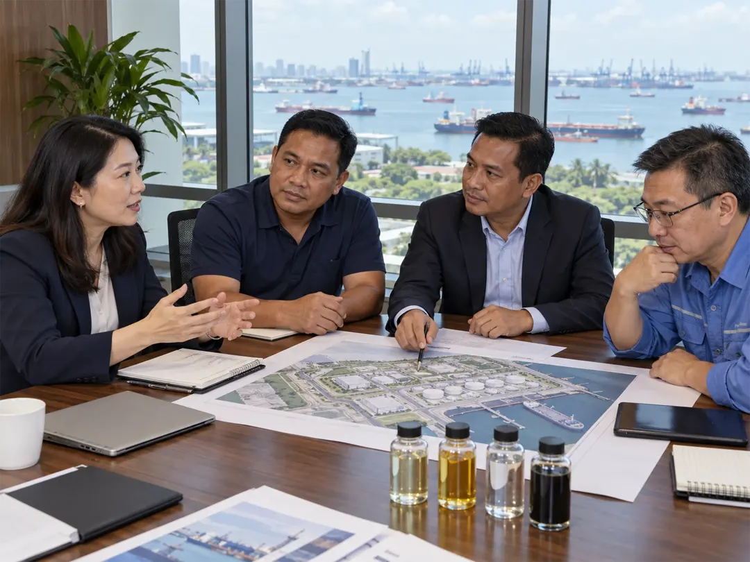 illustration of Singaporean, Filipino, Cambodian and Chinese professionals discussing an energy supply project