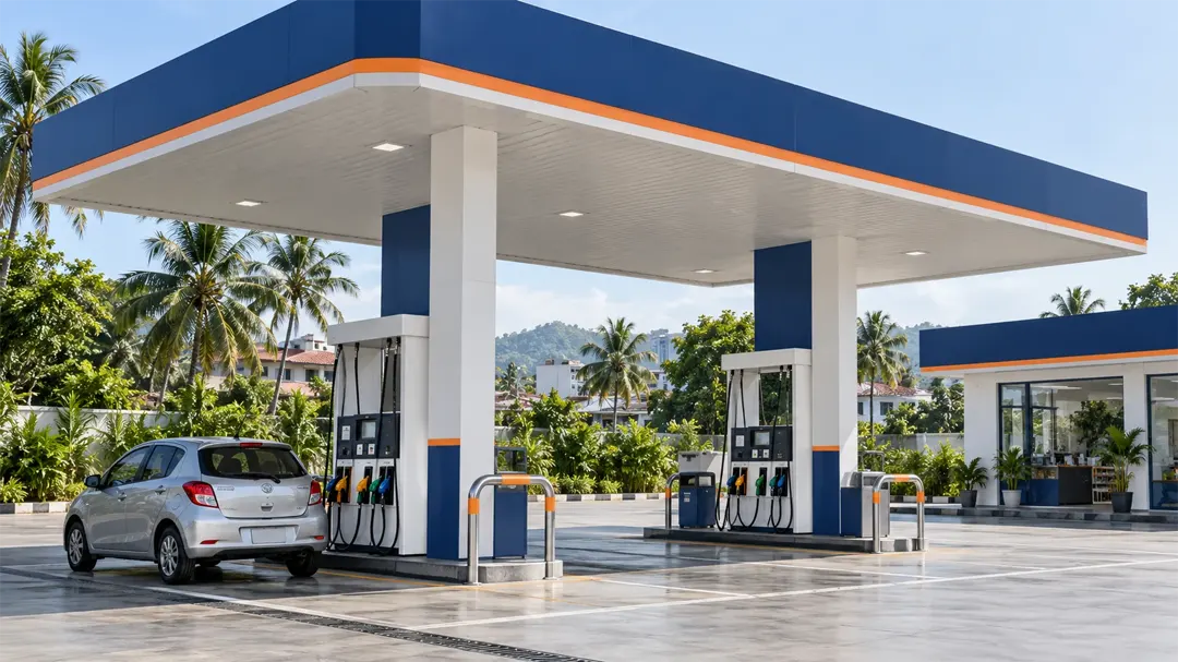 illustration of a tropical service station, not a verified POWERFILL partner