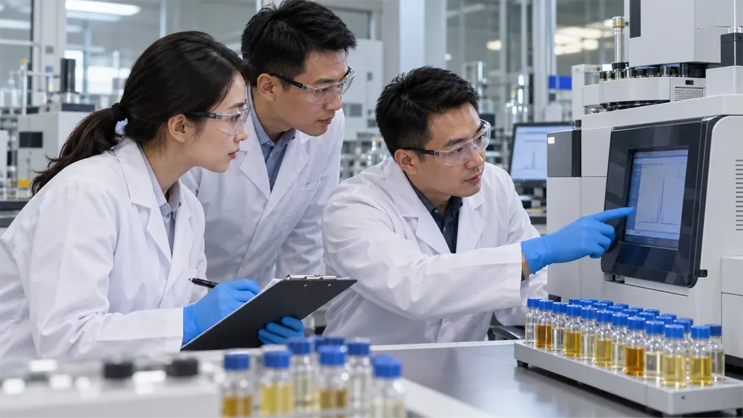 illustration of Chinese fuel formulation engineers working in an analytical laboratory